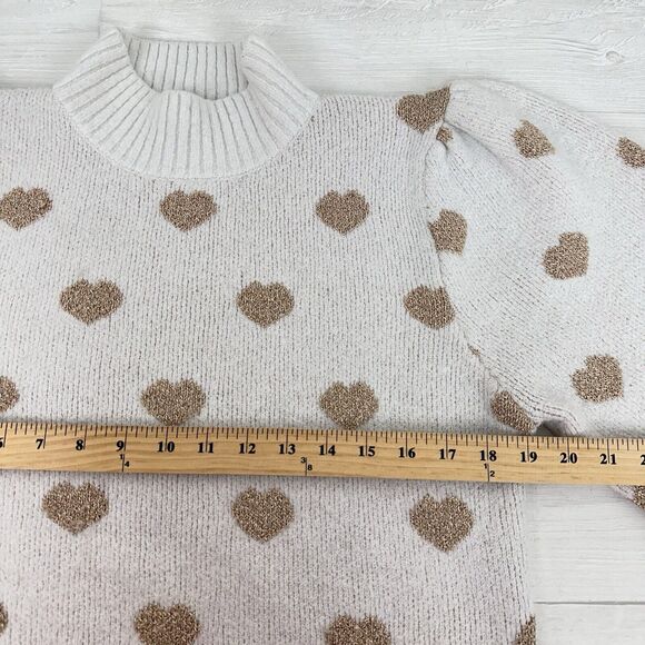 Anthropologie Hearts Sweater Women L Neutral Gold Puff Sleeve High Neck Pullover - Picture 12 of 16
